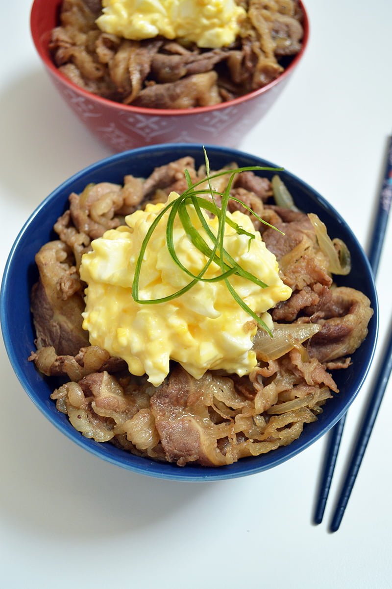 gyudon beef bowl with egg mayo