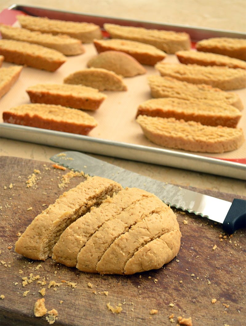 slicing almond biscotti