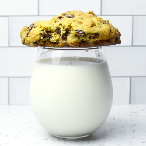 super thick chocolate chip cookies with milk