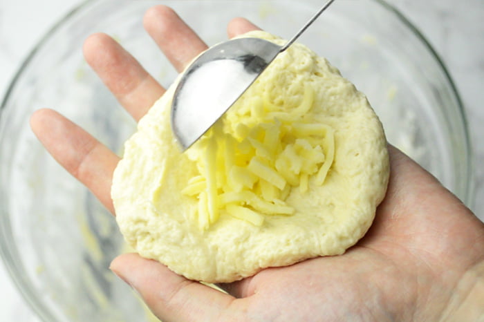 mozzarella cheese filling inside the hotteok dough