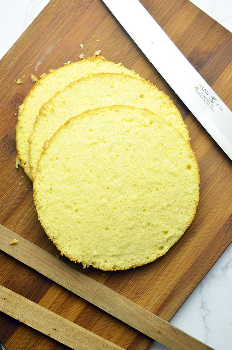 vanilla genoise cake sliced in layers