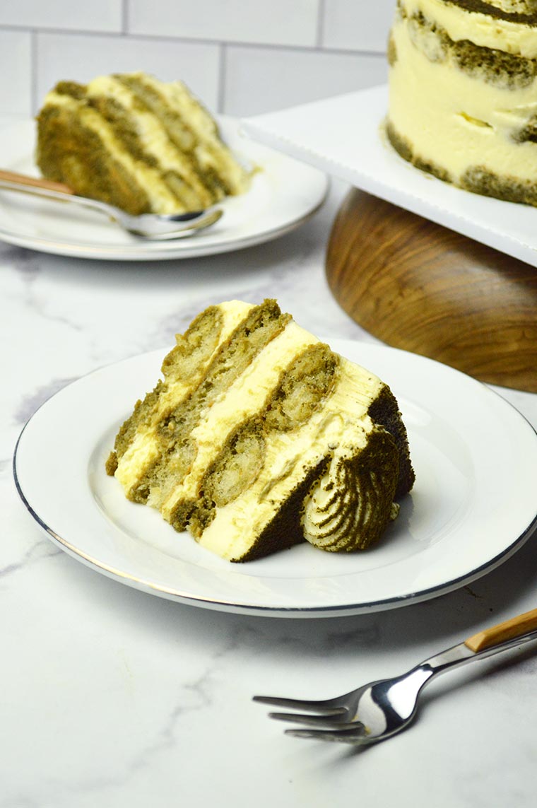 eggless hojicha tiramisu cake