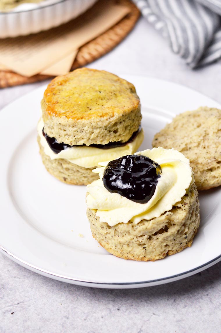 earl grey scones with cream and blueberry jam
