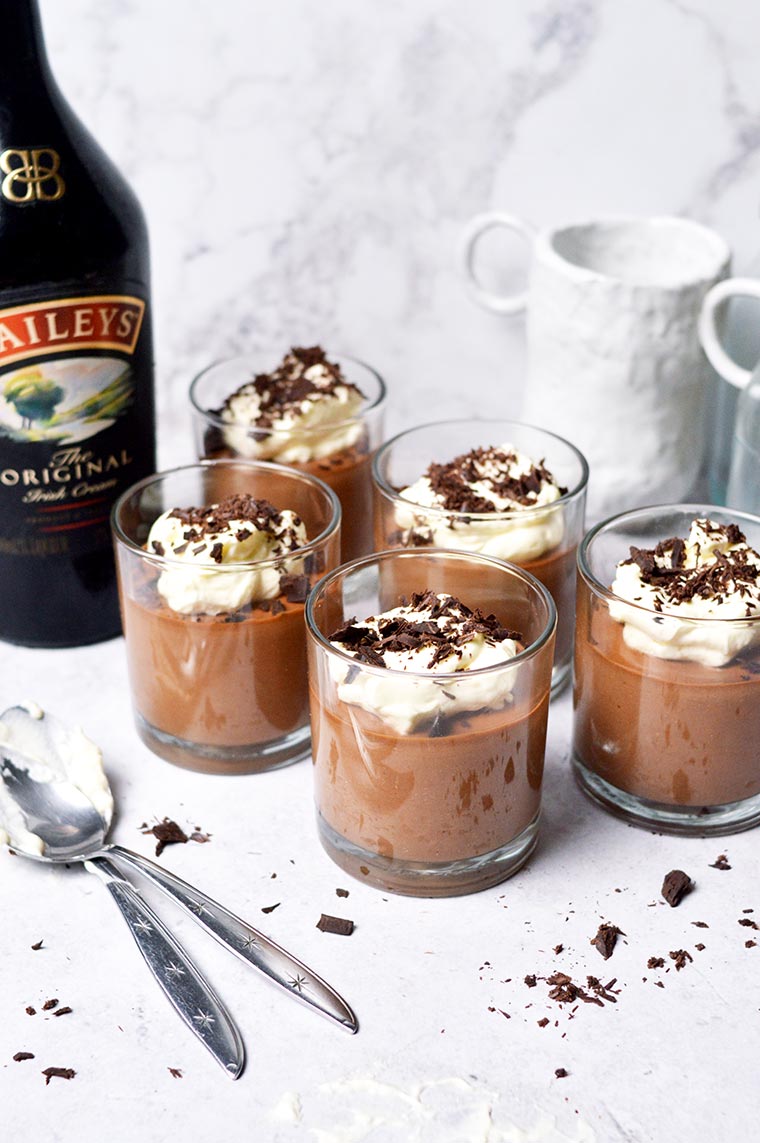 baileys chocolate mousse with whipped cream and shaved chocolate on top