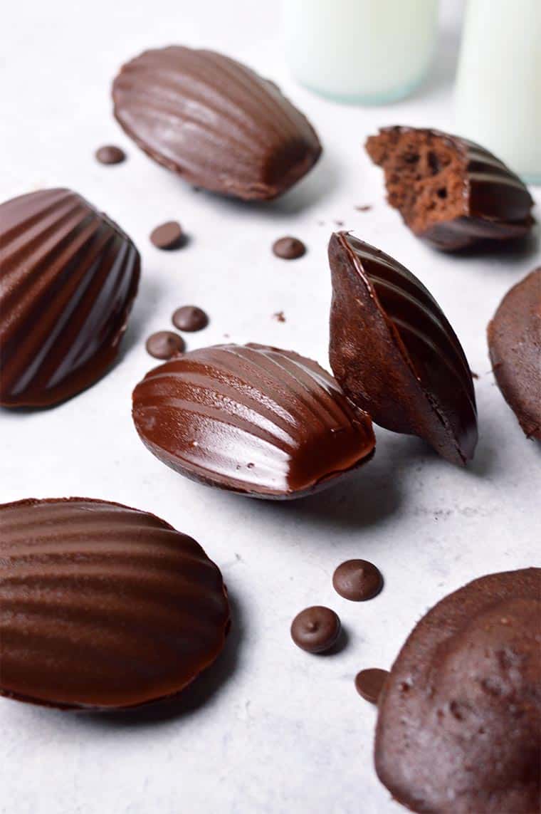 chocolate madeleines with dark chocolate shell