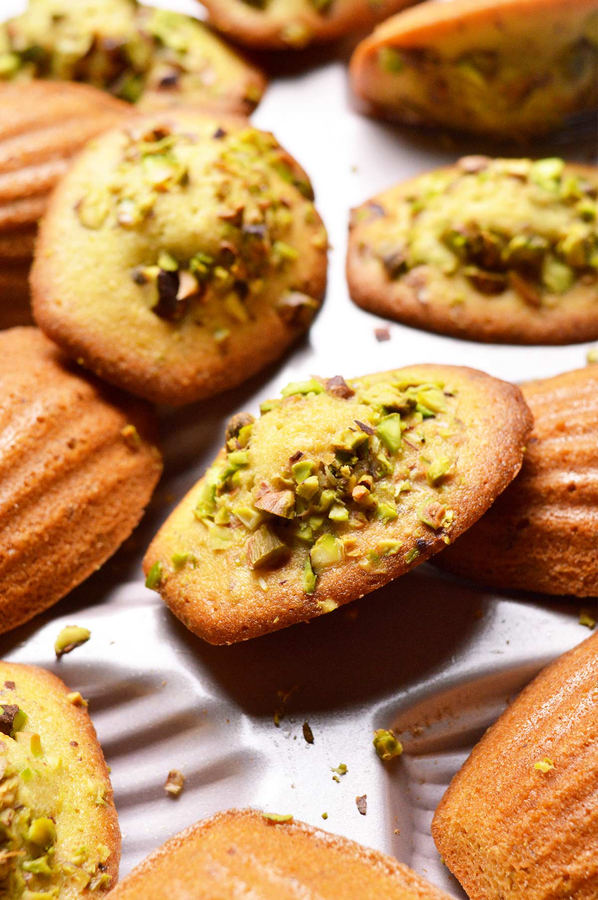 pistachio madeleines made with freshly grounded roasted pistachios
