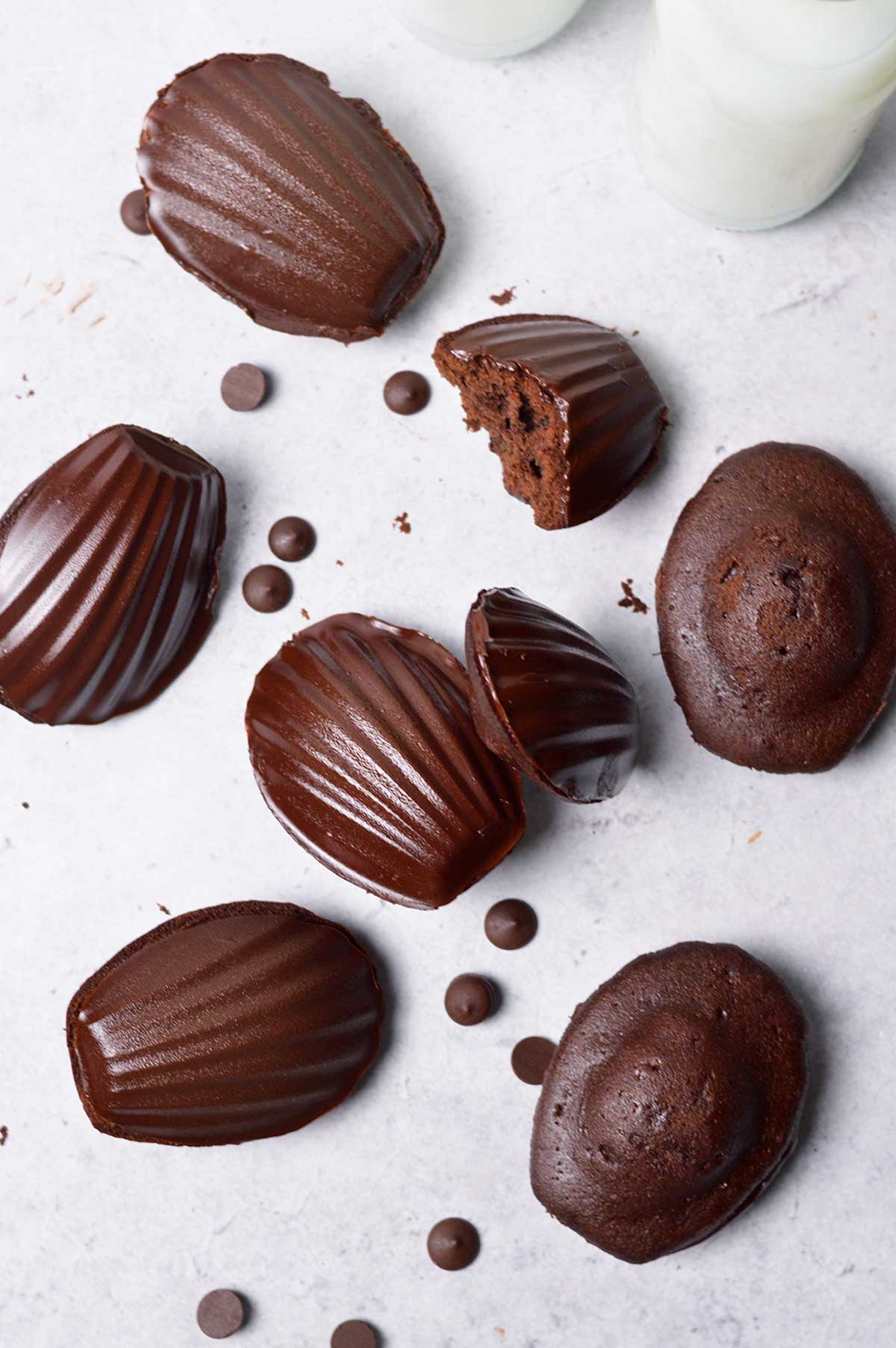 chocolate madeleines with dark chocolate shell