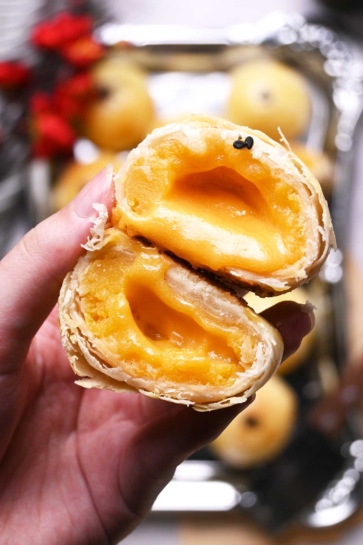 thousand layers lava custard mooncakes, soft flaky pastry with custard and oozing salted egg yolk lava filling