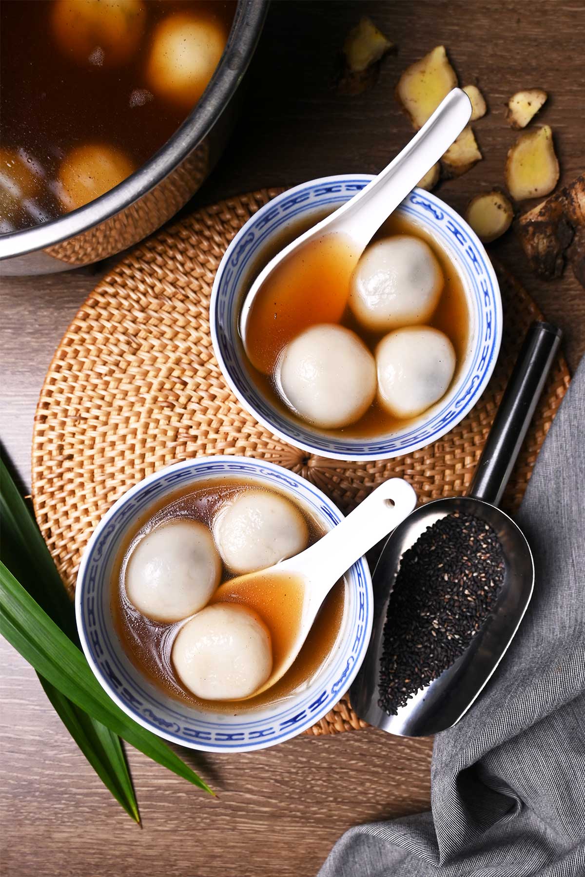 tang yuan or chinese glutinous rice balls in brown sugar ginger soup