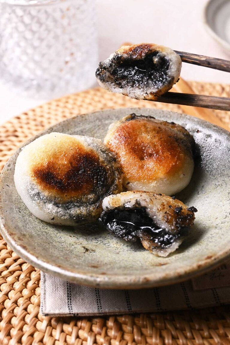 pan fried tang yuan with black sesame filling