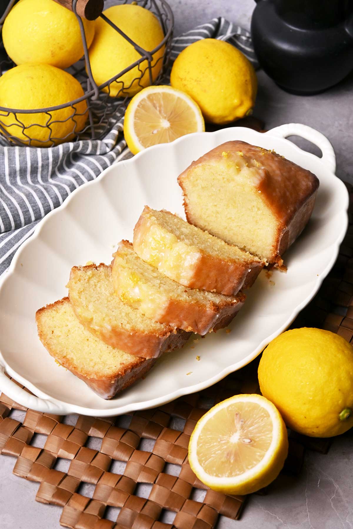 moist lemon pound cake soaked with syrup and topped with lemon glaze