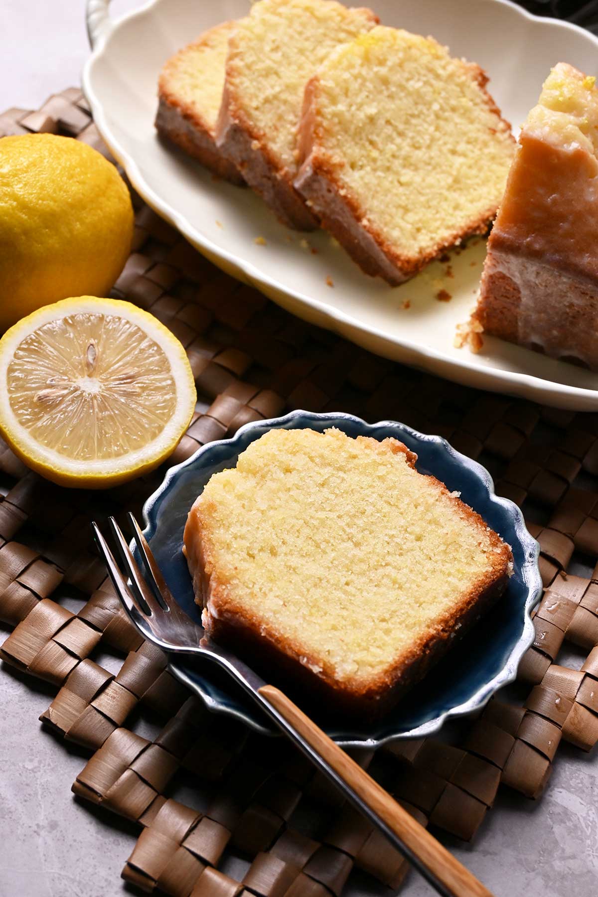 lemon pound cake soaked with syrup and topped with lemon glaze