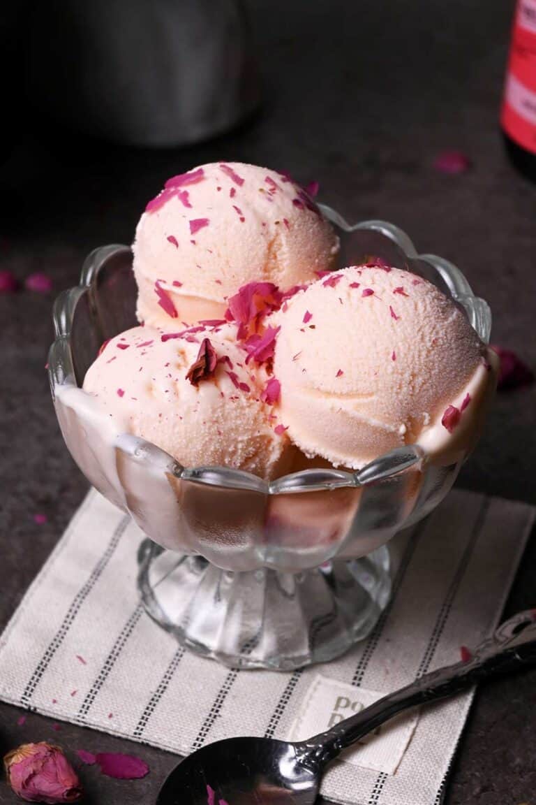 rose ice cream with nielsen massey rose water sprinkled with rose petals
