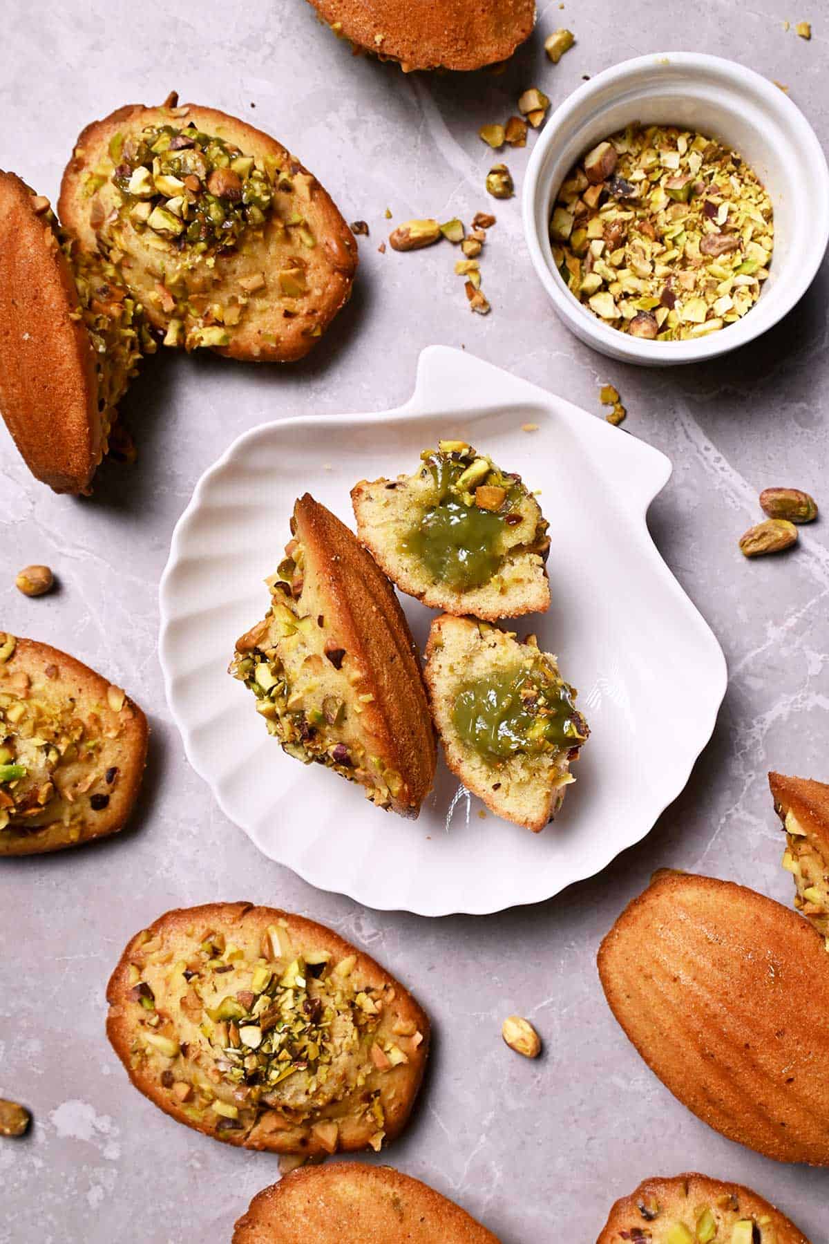 pistachio madeleines with pistachio ganache filling