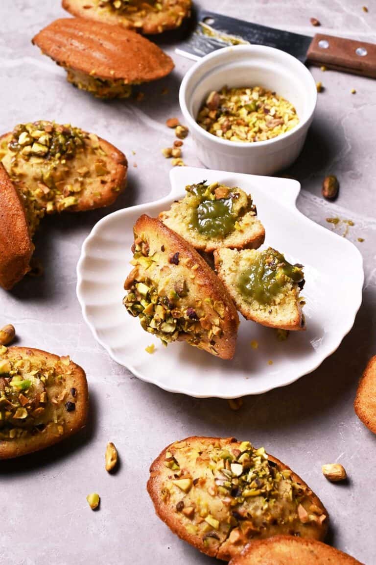 pistachio madeleines with pistachio ganache filling