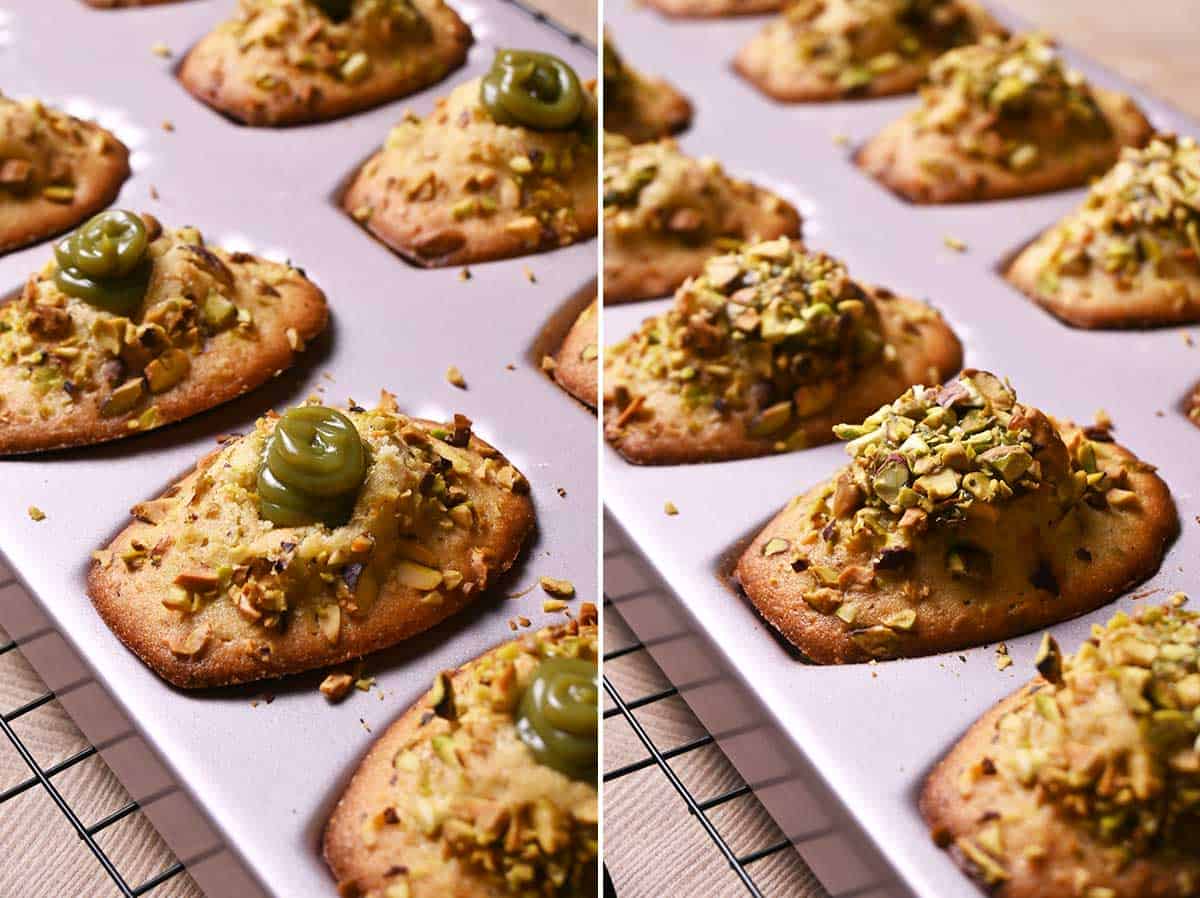 pistachio madeleines with pistachio white chocolate ganache filling