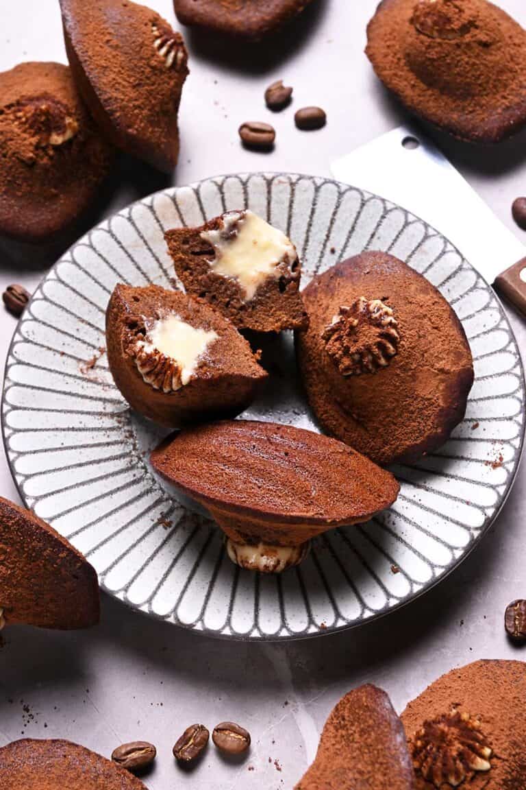 tiramisu madeleines, chocolate coffee madeleines with kahlua mascarpone cream filling