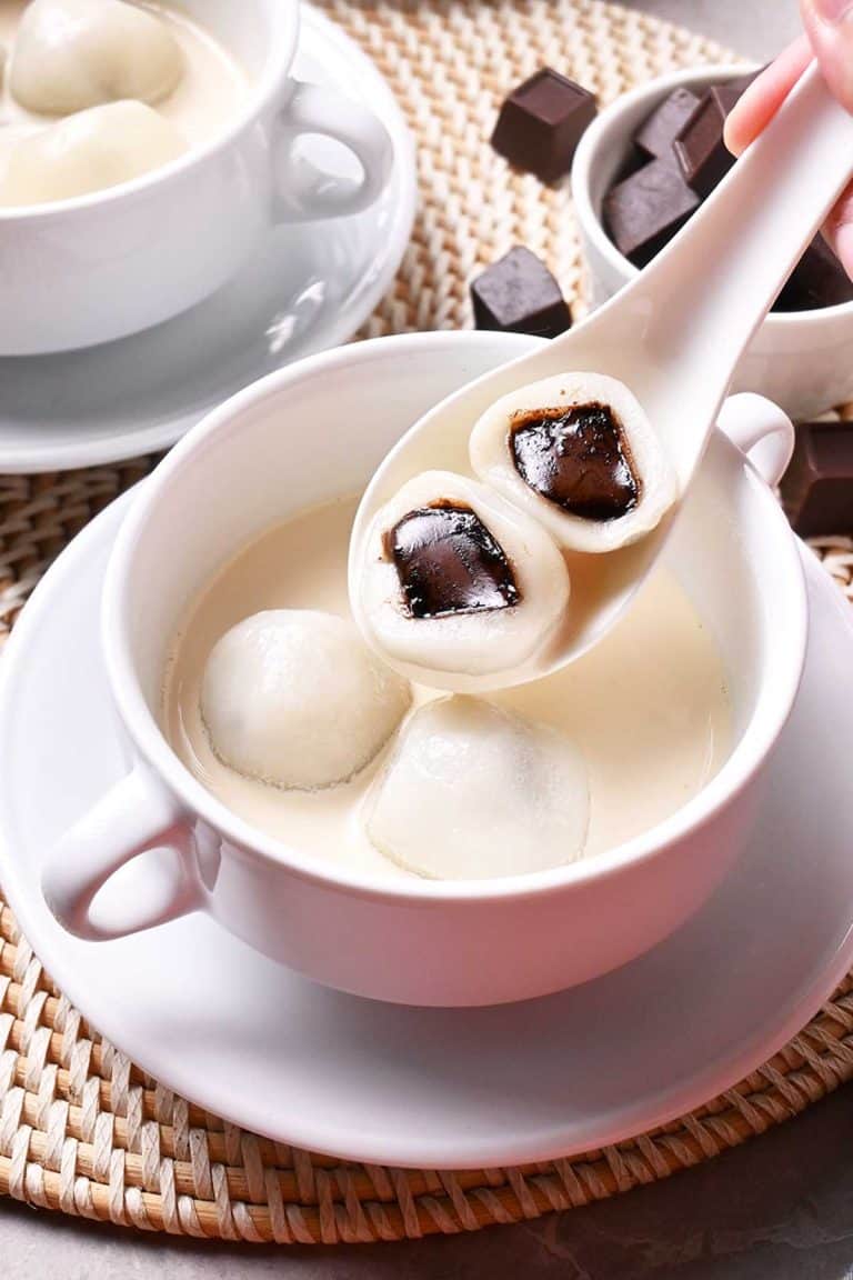 chocolate tang yuan (glutinous rice balls) in evaporated milk