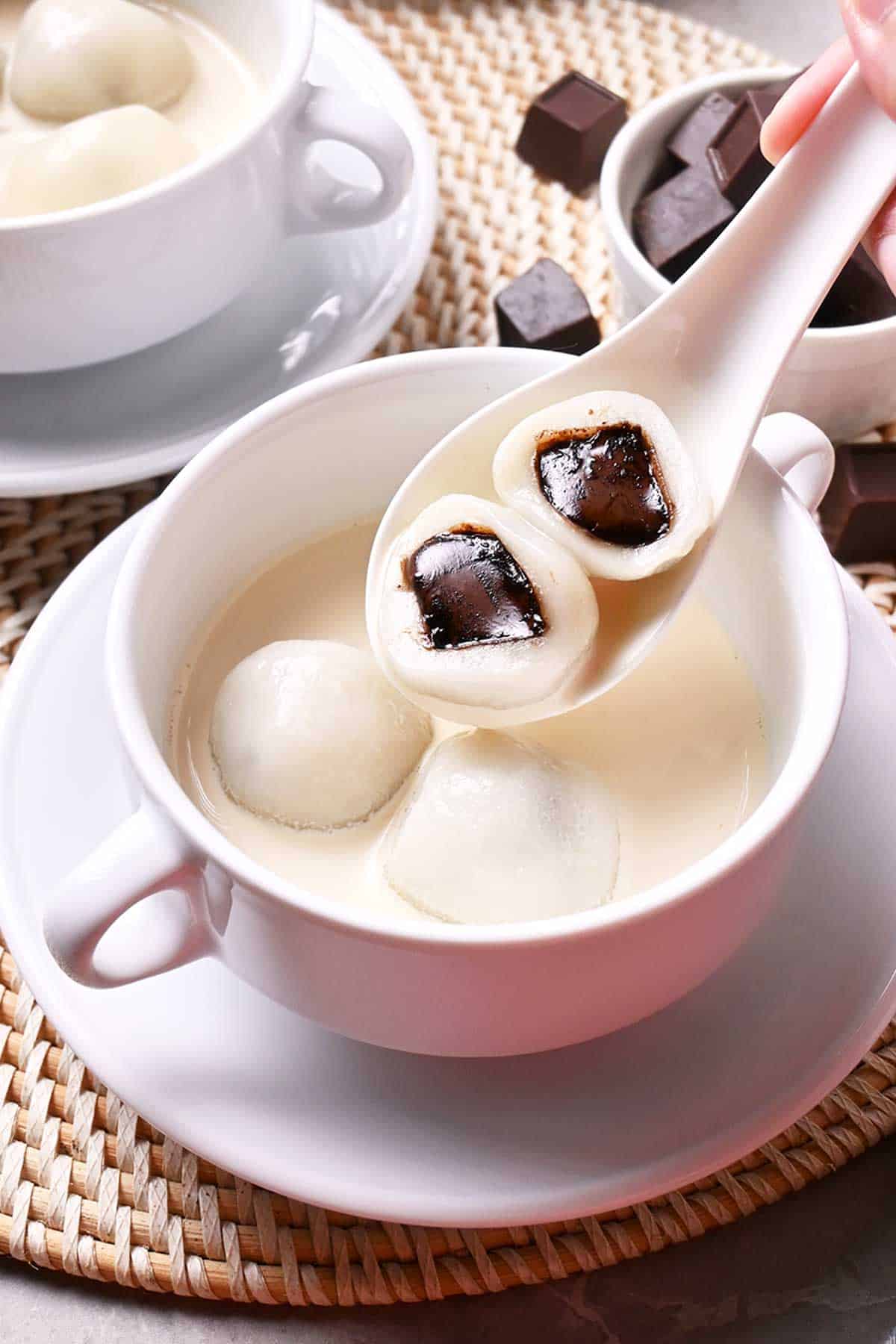 chocolate tang yuan (glutinous rice balls) in evaporated milk