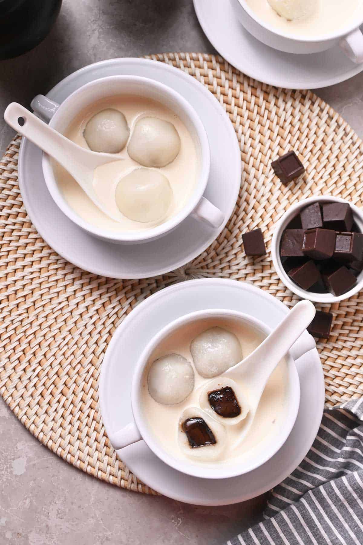chocolate tang yuan (glutinous rice balls) in evaporated milk
