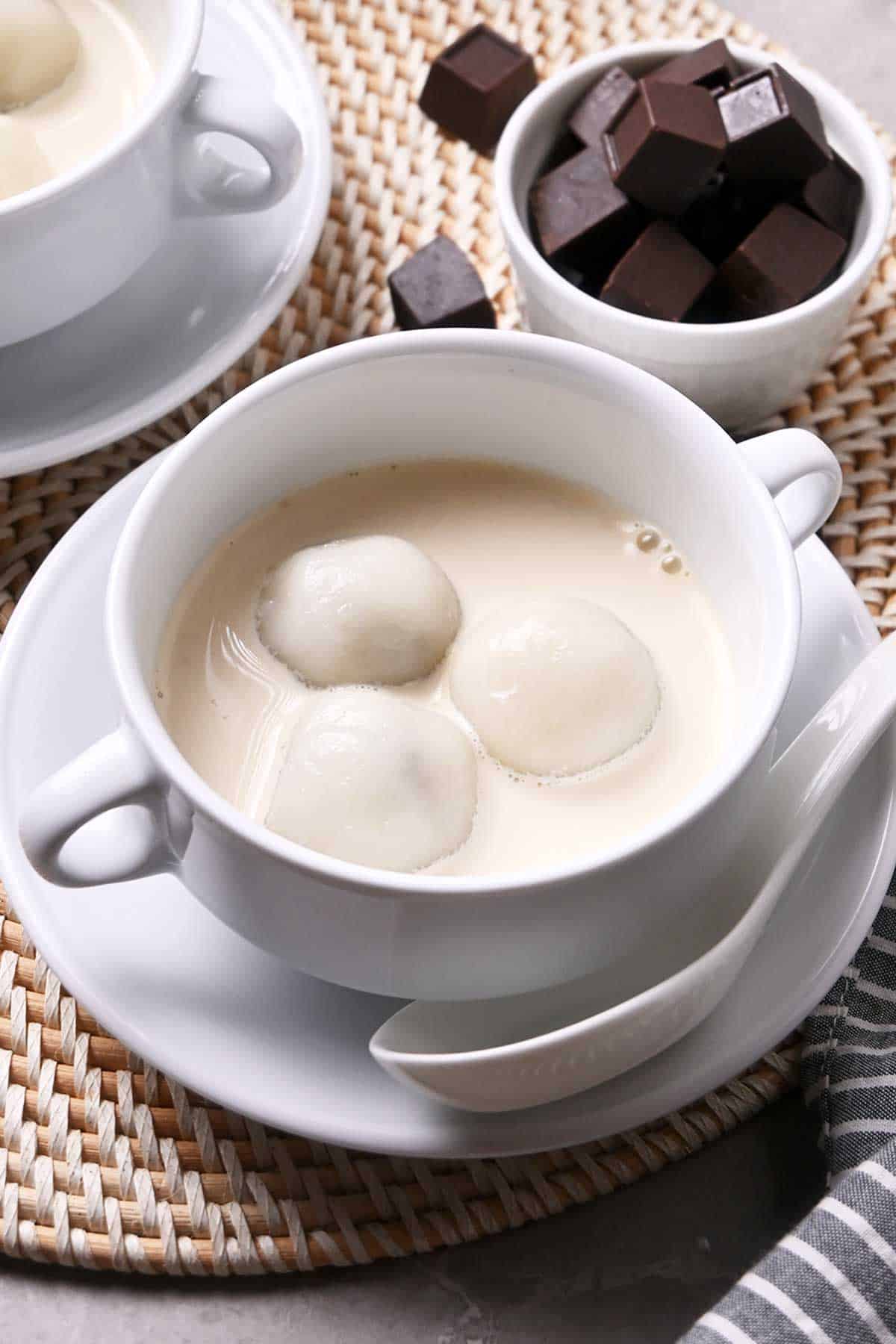 chocolate tang yuan (glutinous rice balls) in evaporated milk