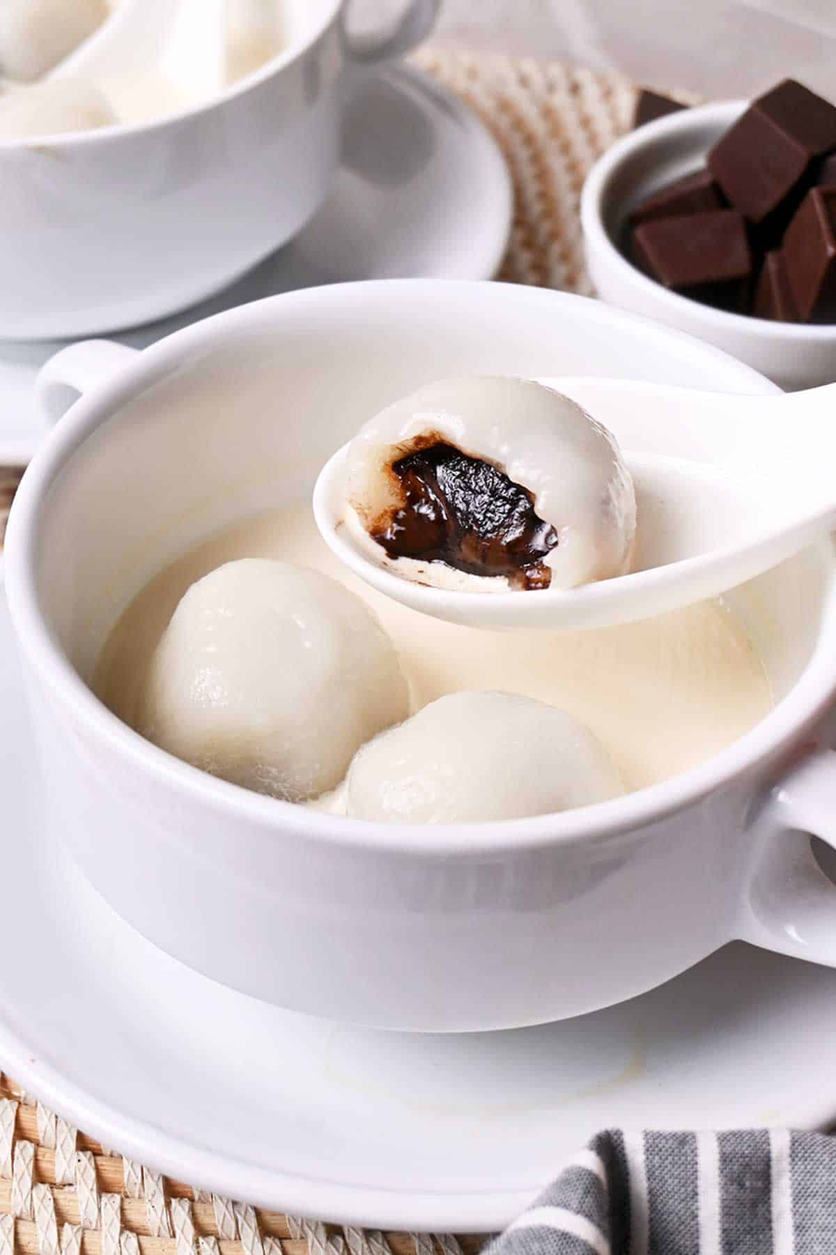 chocolate tang yuan (glutinous rice balls) in evaporated milk
